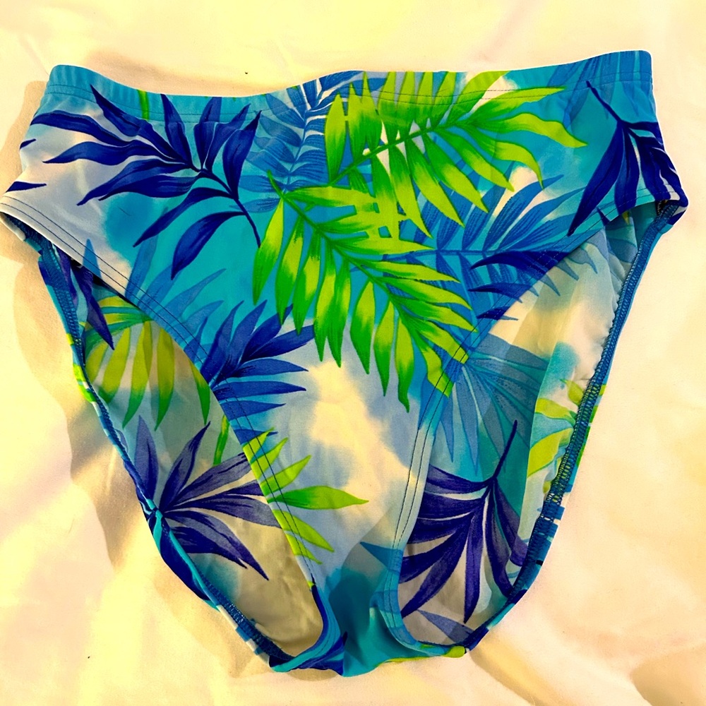 Christina Swim Blue and Green Leaf Print High waist Bikini Bottom size 18 NWOT